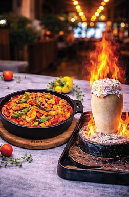 Tavuk testi kebap ve alevler içinde toprak testi